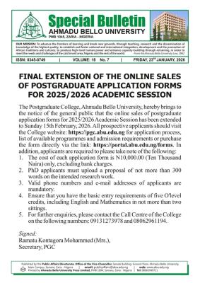 ABU announces final extension of the sales of postgraduate application forms, 2025/2026