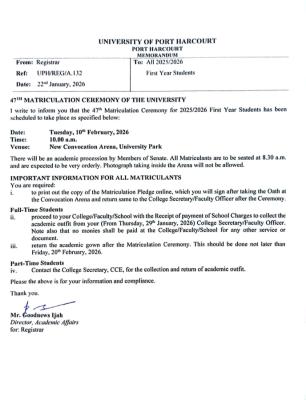 UNIPORT announces 47th Matriculation Ceremony for 2025/2026 Freshmen