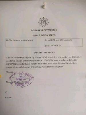 Bellarks Polytechnic notice of orientation exercise