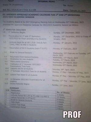 Fed Poly ilaro amended academic calendar, 2022/2023