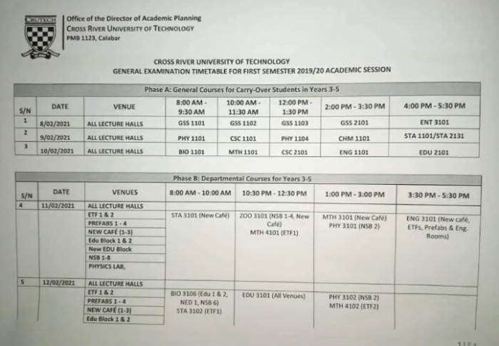 CRUTECH releases 2019/2020 first semester examination timetable