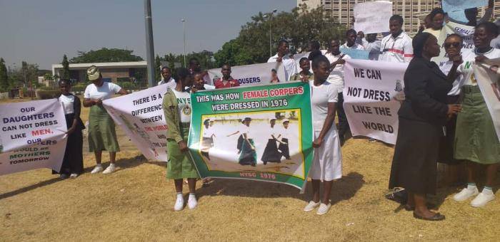 Corps Members Protest Against NYSC, Demands Inclusion of Skirts in NYSC Uniform
