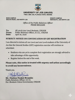UNIJOS notice to 100 & 200 level students on continuation of registration