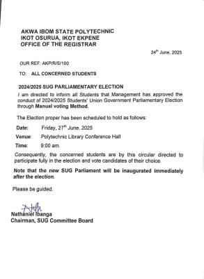 Akwa Ibom State Poly announces date for SUG parliamentary election, 2024/2025