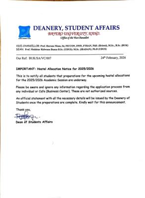 BUK update on hostel allocation for 2025/2026 Session