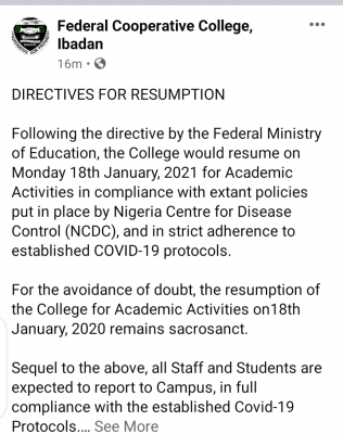 Federal Cooperative College Ibadan announces resumption date