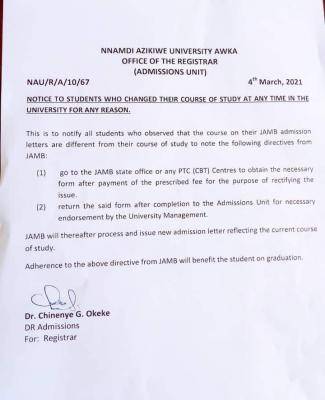 UNIZIK notice to students on JAMB regularization of courses