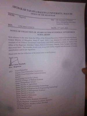 ATBU notice to awardees of Federal Government Scholarship on collection of award letter