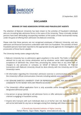 Babcock University warns prospective students on fake admission letters