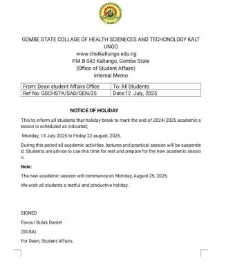 Gombe College of Health Science and Tech. notice of Holiday break
