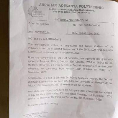 Abraham Adesanya Polytechnic Issues Notice to Students