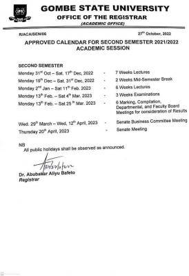GSU approved second semester academic calendar, 2021/2022