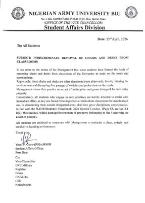 NAUB warns against indiscriminate removal of chairs and desks from classroom