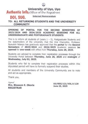 UNIUYO notice on opening of second semester registration portal, 2023/2024 & 2024/2025