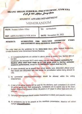 Akanu Ibiam Federal Polytechnic guidelines for SUG elections, 2022/2023