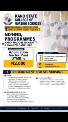 Kano State College of Nursing Sciences ND/HND Nursing Admission, 2026/2027