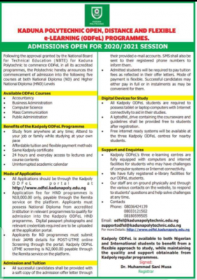 KADPOLY Open, Distance and Flexible e-Learning (ODFeL) programme admission, 2020/2021