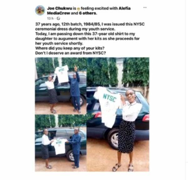 FUNAI lecturer gifts his NYSC shirt to his daughter 37-yrs after he served