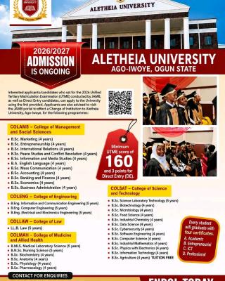 Alethia University Post-UTME 2026: Cut-off mark, Eligibility and Registration details
