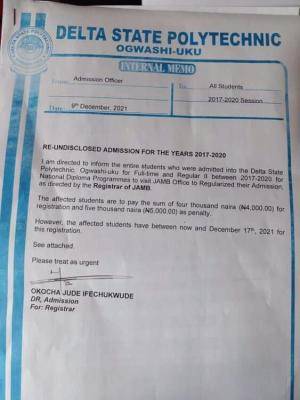Delta State Poly Ogwashi-uku notice to full-time admitted students from 2017-2020