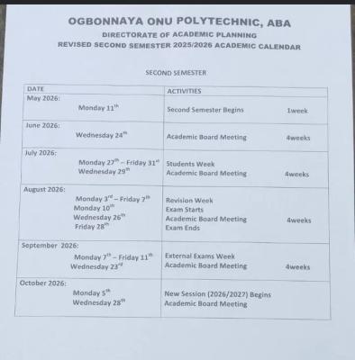 Ogbona Onu Polytechnic revised second semester academic calendar, 2025/2026