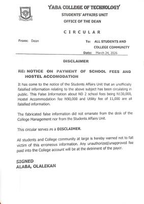 YABATECH disclaimer notice regarding school fees and hostel accommodation