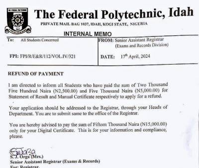 Fed Poly Idah notice on refund of payment