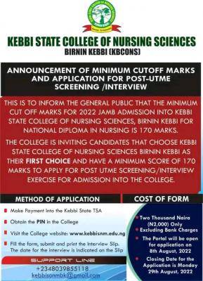 Kebbi State College of Nursing Science admission, 2022/2023