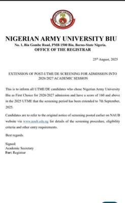 NAUB extends Post-UTME application deadline, 2026/2027