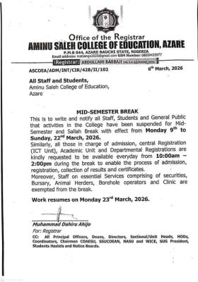 Aminu Saleh College of Education Announces Mid-Semester and Sallah Break