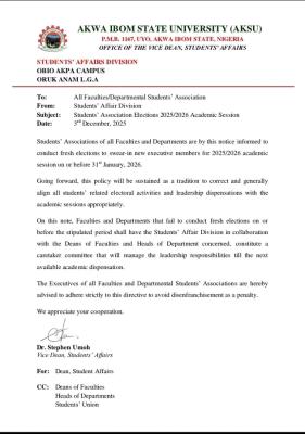 AKSU directs faculties and departments to conduct fresh students election before January 31st 2026