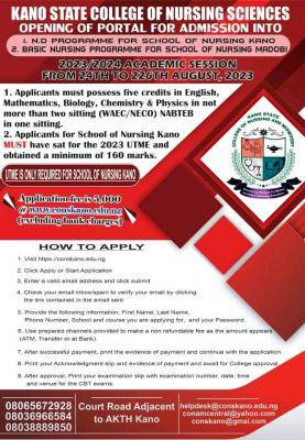 Kano State College of Nursing Sciences admission forms, 2023/2024
