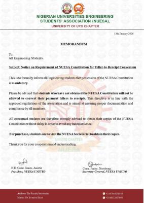 UNIUYO Faculty of Engineering makes purchase of faculty constitution mandatory