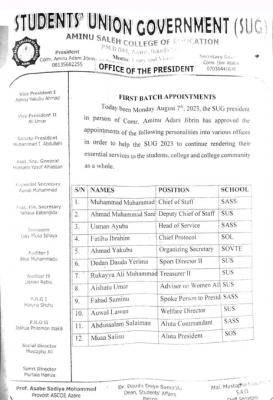 Aminu Saleh COE SUG notice on appointment of new officials