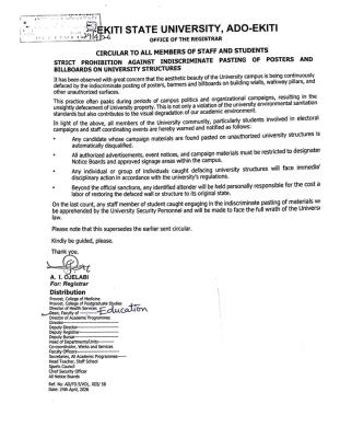 EKSU warns against Indiscriminate Pasting of Posters, Billboard on University Structures