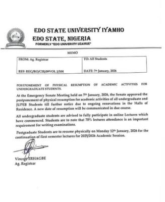 Edo State University postpones physical resumption of undergraduate students