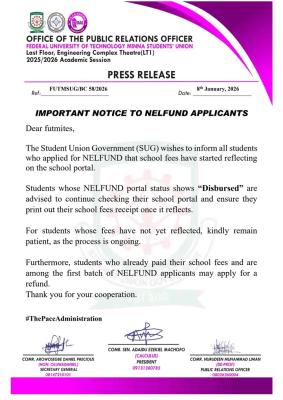 FUTMINNA SUG notice to NELFUND applicants