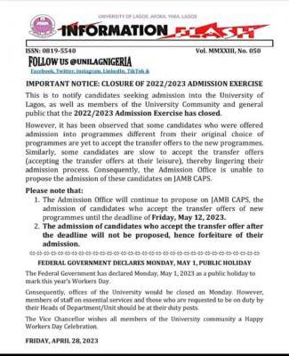 UNILAG notice on closure of 2022/2023 admission exercise