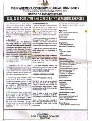 COOU Post-UTME/DE 2026: Cut-off mark, Eligibility and Registration Details