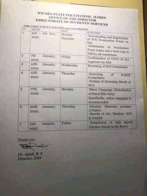 Kwara State Polytechnic SUG election timetable. 2021/2022