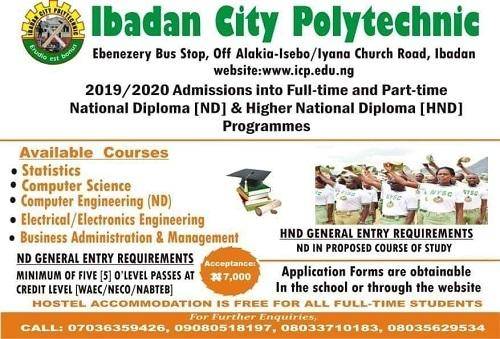 Ibadan City Polytechnic ND and HND Admission (Full-time and Part-time), 2019/2020