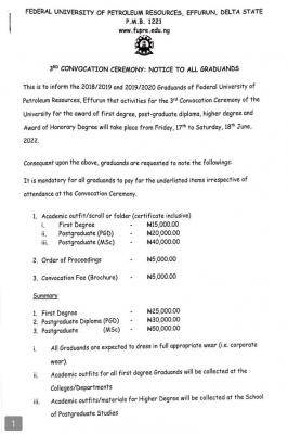 FUPRE notice to graduands on 3rd Convocation Ceremony