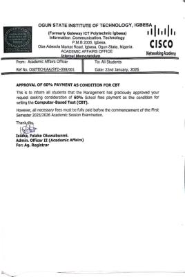 OGITECH approves 60% tuition fee payment as condition for CBT