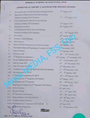 FSS Oyo approved academic calendar for 2020/2021 session