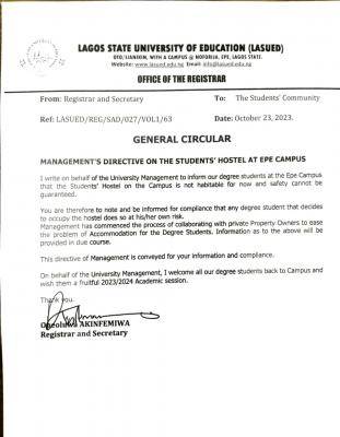 LASUED notice regarding the students' hostel at Epe campus