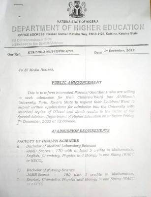 Katsina State notice to the public regarding admission in Al-hikmah University