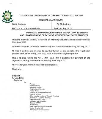OYSCATECH notice to HND II students