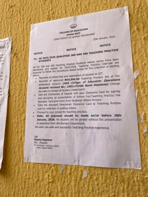 College of Education, Afaha Nsit procedure for the Teaching Practice exercise, 2025/2026