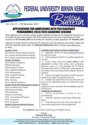 FUBK applications for admission into Postgraduate programmes, 2023/2024