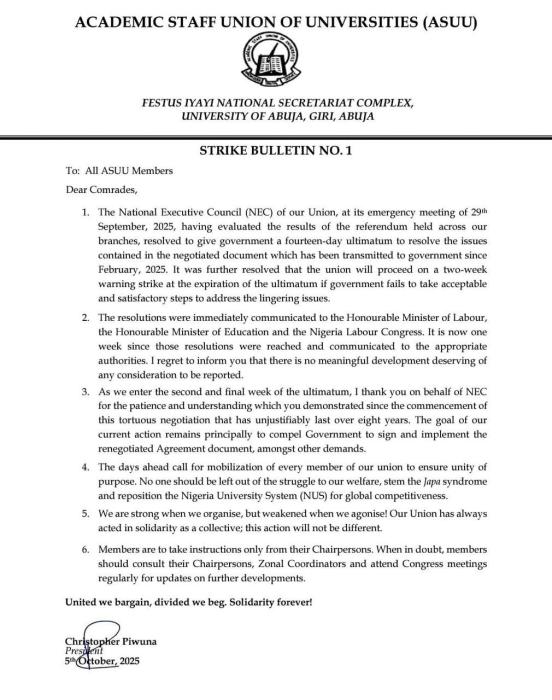 ASUU mobilizes members for a two-week warning strike beginning October 13
